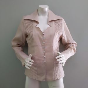 Vtg 1990s Ravel Ramie Linen Oatmeal Cutout Sweetheart Neckline Pleated Blouse M